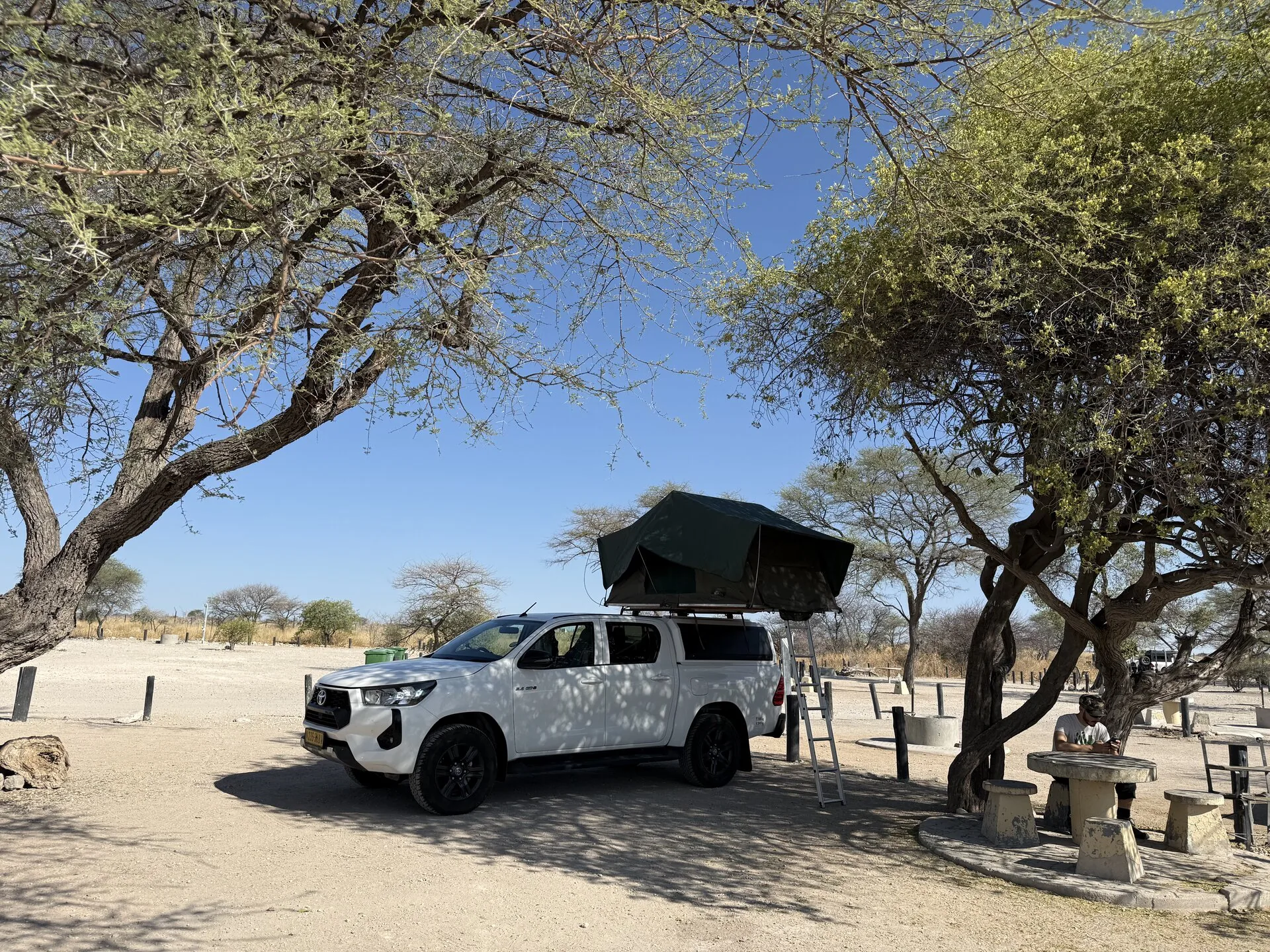 Toyota Hilux 4x4 con tenda da tetto montata in un campeggio sotto le acacie